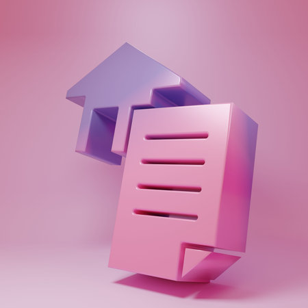 Purple-pink House contract icon isolated on pink background. Contract creation service, document formation, application form composition. Minimalism concept. 3D render illustration.の写真素材