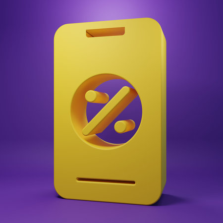 Yellow Percent discount and mobile phone icon isolated on purple background. Sale percentage - price label, tag. Minimalism concept. 3D render illustration.の写真素材