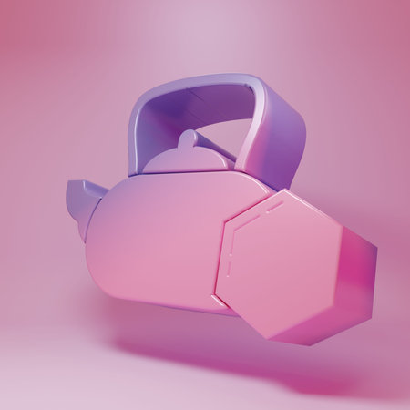 Purple-pink Tea kettle with honey icon isolated on pink background. Sweet natural food. Minimalism concept. 3D render illustration.の写真素材