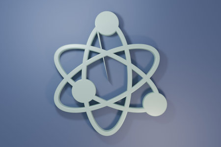 Gray Atom icon isolated on purple-blue background. Symbol of science, education, nuclear physics, scientific research. Minimalism concept. 3D render illustration.の写真素材