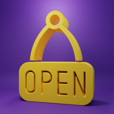 Yellow Hanging sign with text Open door icon isolated on purple background. Minimalism concept. 3D...