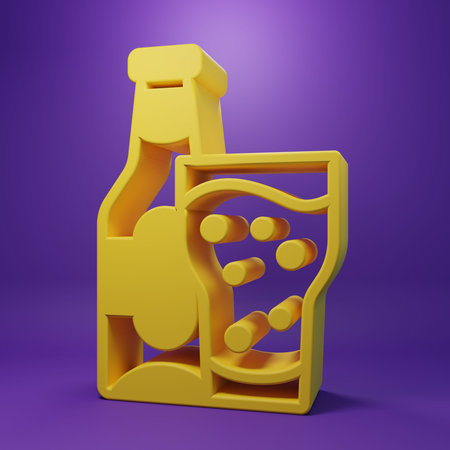 Yellow Beer bottle and glass icon isolated on purple background. Alcohol Drink symbol. Minimalism concept. 3D render illustration.の写真素材