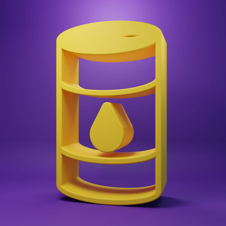 Yellow Barrel oil icon isolated on purple background. Minimalism concept. 3D render illustration.の写真素材