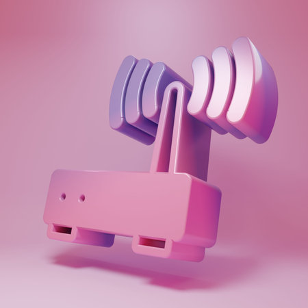 Purple-pink Router and wi-fi signal icon isolated on pink background. Wireless ethernet modem router. Computer technology internet. Minimalism concept. 3D render illustration.の写真素材