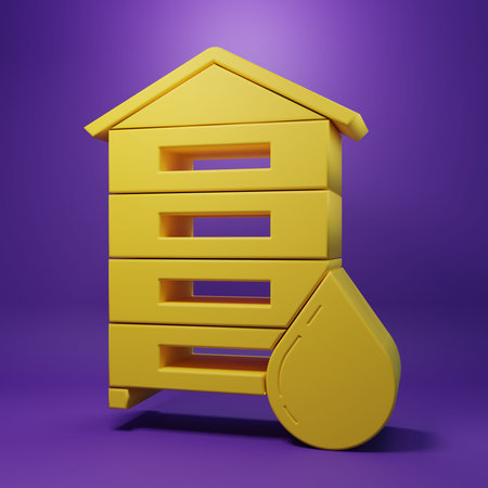 Yellow Hive for bees icon isolated on purple background. Beehive symbol. Apiary and beekeeping. Sweet natural food. Minimalism concept. 3D render illustration.の写真素材