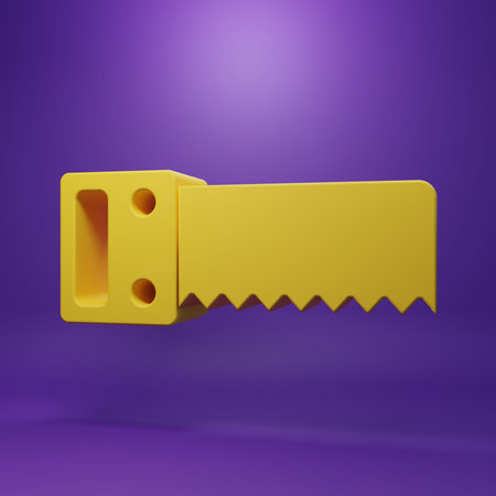 Yellow Hand saw icon isolated on purple background. Minimalism concept. 3D render illustration.