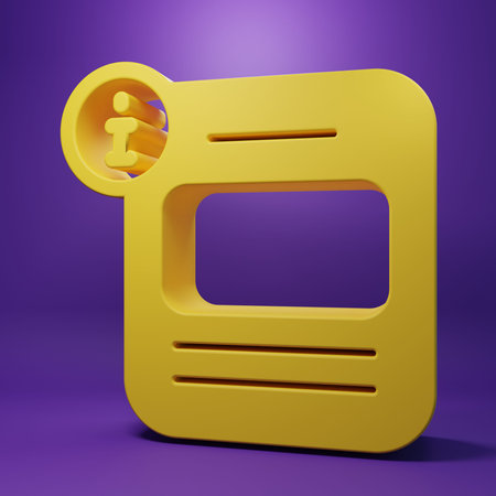 Yellow Information icon isolated on purple background. Minimalism concept. 3D render illustration.