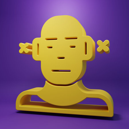 Yellow Deafness icon isolated on purple background. Deaf symbol. Hearing impairment. Minimalism concept. 3D render illustration.の写真素材