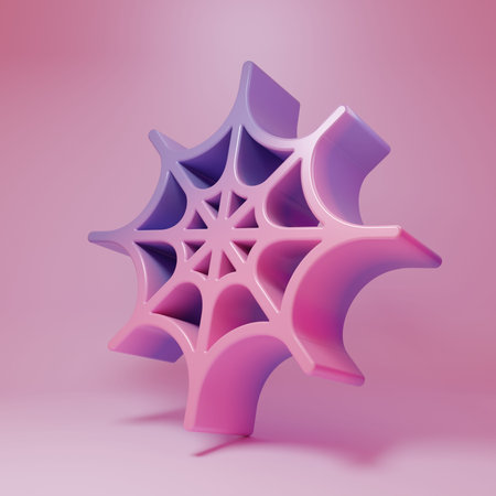 Purple-pink Spider web icon isolated on pink background. Cobweb sign. Happy Halloween party. Minimalism concept. 3D render illustration.の写真素材