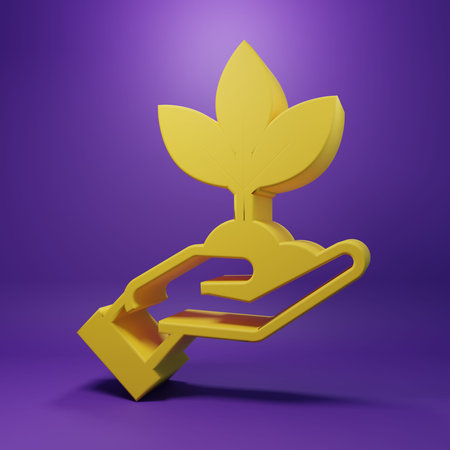 Yellow Plant in hand of environmental protection icon isolated on purple background. Seed and seedling. Planting supply. Ecology concept. Minimalism concept. 3D render illustration.の写真素材