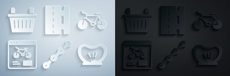 Set Bicycle chain rental mobile app punctured tire lane and basket icon. Vector.