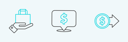 Set line Coin money with dollar symbol Hand and paper shopping bag and Speech bubble icon. Vector.