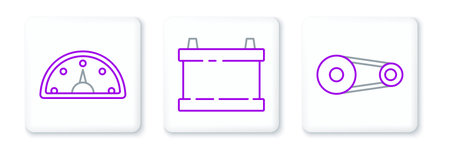 Set line Timing belt kit Speedometer and Car battery icon. Vector.