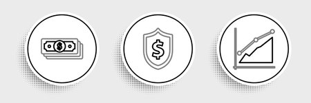 Set line Pie chart infographic Stacks paper money cash and Shield with dollar symbol icon. Vector.