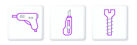 Set line Metallic screw Electric hot glue gun and Stationery knife icon. Vector.のイラスト素材