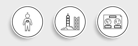Set line Celestial map of the night sky Astronaut and Rocket launch from spaceport icon. Vector.