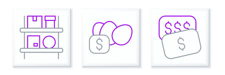 Set line New price tag dollar Warehouse interior with boxes and Price for egg icon. Vector.
