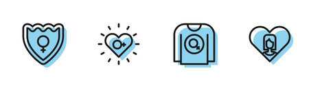 Set line Feminist shirt Gender shield Female Feminism and Heart with female icon. Vector.