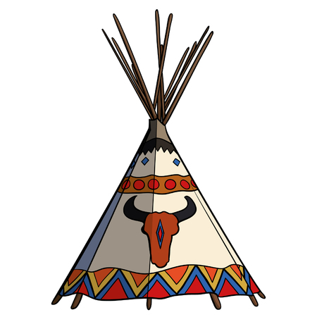 Native american traditional tipi tent vector illustration. Apache wigwam with buffalo skull.のイラスト素材