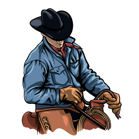 Cowboy riding horse vector illustration. Cartoon man on saddle.のイラスト素材