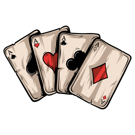 Four aces poker playing cards on white background. Carton hand-drawn vector illustration.のイラスト素材