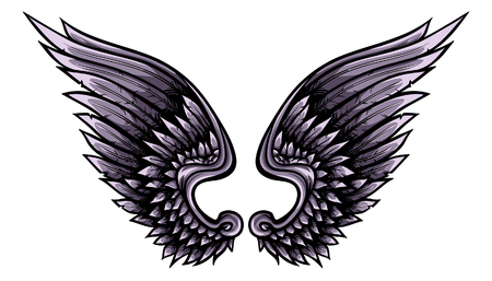 Indigo angelic vector wings with black outline, shadows and lights. Creative heraldic illustration.のイラスト素材