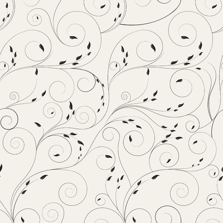Swirl with leaves vector floral pattern. Monochrome background with curly lines.のイラスト素材