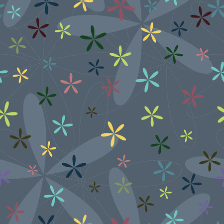 Colored abstract flowers with five petals on grey vector background. Ornamental seamless patterns.のイラスト素材