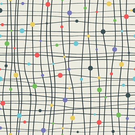 Grid undulated lines with colored circles in nodes. Creative vector background. Cool mesh seamless pattern.のイラスト素材