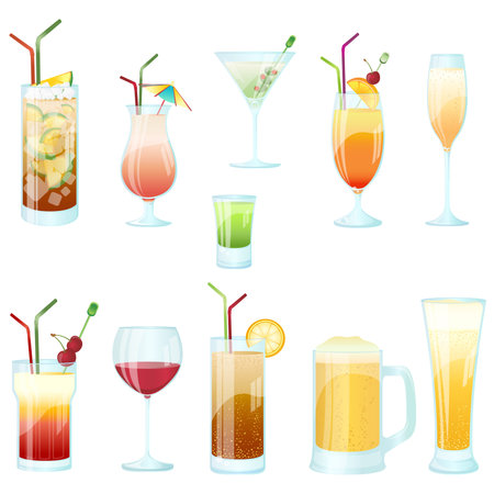 Cocktail glasses vector set: Cuba Libre, Dry Martini, Orange, Champagne, Absinte shot, Tequila Sunrise, Wine, Beer mug and Beer glass Vector collection of cocktail glasses.のイラスト素材
