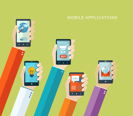 Mobile applications concept. Hand with phones flat illustration. のイラスト素材