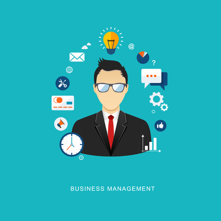 Business management concept flat illustration. Office man with icons. eps8のイラスト素材