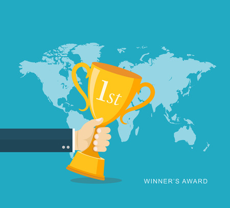 Hand holding winner\'s trophy award flat illustration.のイラスト素材