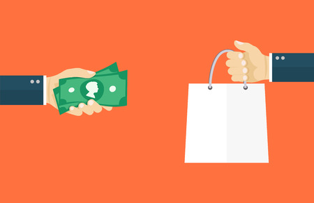 Deal flat illiustration.Hand holding money and hand holding paper bag. eps10のイラスト素材