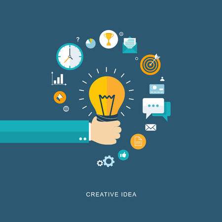 Creative idea flat illustration with hand holding bulb and icons. eps8のイラスト素材