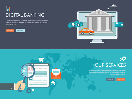Flat design illustration set with icons and text.Digital banking and services. のイラスト素材