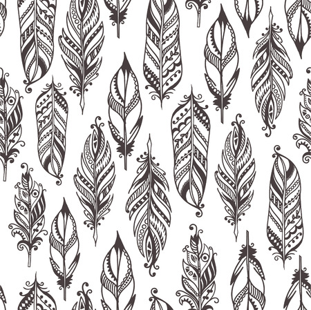 boho doodle feathers seamless pattern eps10のイラスト素材