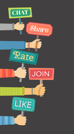 Flat banner of hands holding signs with social actions.のイラスト素材