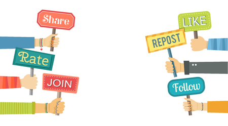 Flat banner of hands holding signs with social actions.のイラスト素材