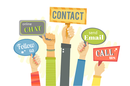 Flat banner of hands holding signs with social actions.のイラスト素材