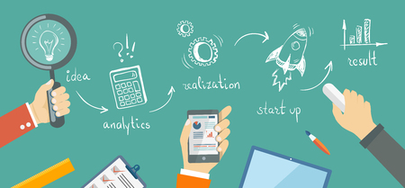 Flat banner of business plan in doodle style. Idea, analytics, realization, start up, result.のイラスト素材