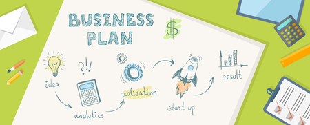 Flat banner of business plan in doodle style. Idea, analytics, realization, start up, result.のイラスト素材