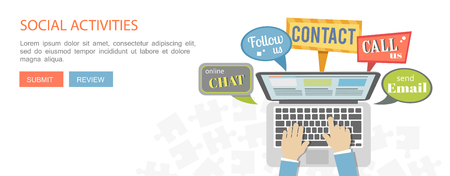 Flat banner of laptop and signs with social activities.のイラスト素材