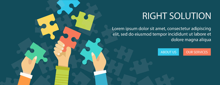 Flat banner of right solution. Hands holding a puzzle pieces.のイラスト素材
