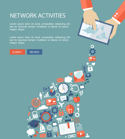 Flat banner of hands holding laptop with icons. Network activities illustration.のイラスト素材