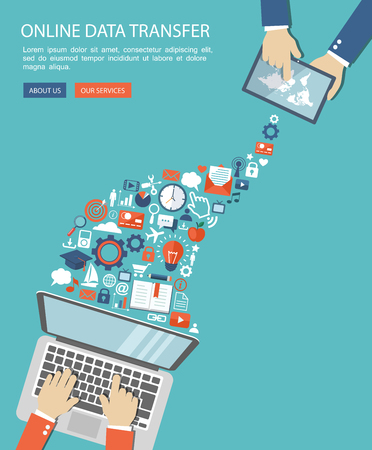 Flat banner of hands holding laptop and tablet with icons. Network activities illustration.のイラスト素材