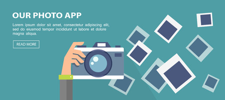 Flat banner. Illustration of hand holding camera with frames.のイラスト素材