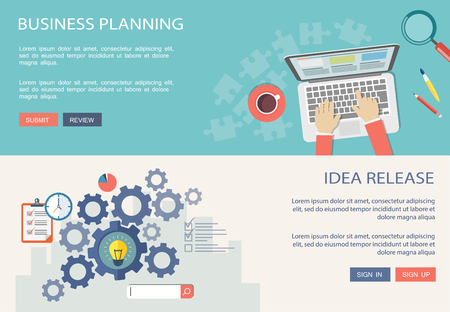 Idea release and business planning flat banners with icons. Eps10のイラスト素材