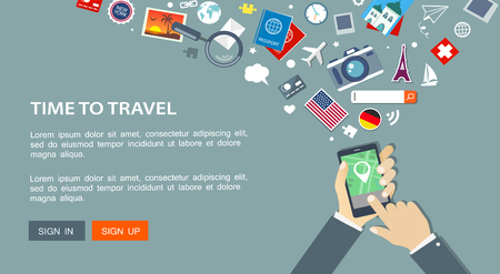 Flat travel banner with hand with gps phone and icons. Eps10のイラスト素材