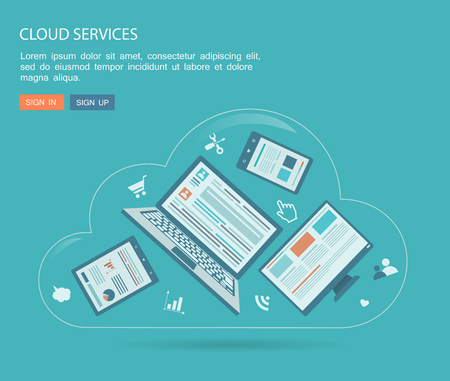 Flat illustration. Cloud services concept with laptop, pc,phone and tablet in cloud. eps10のイラスト素材